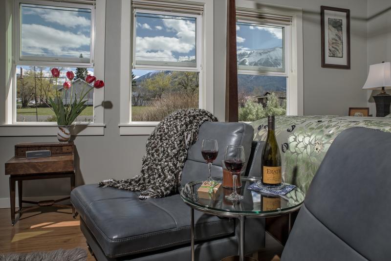 Asian modern Mirror Lake Suite with views of the Wallowa Mountains includes a king-sized bed, steam shower, and many special appointments not found elsewhere in the Bronze Antler Bed & Breakfast. Photo by Unique Angles Phoography.